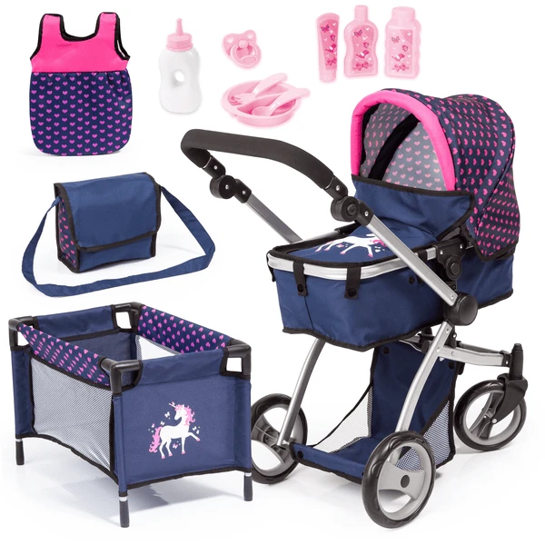 Bayer Design Kombi-Puppenwagen Mega Set, Blau Mit Herzen Und Einhorn 3 Bayer Design Kombi-Puppenwagen Mega Set, Blau Mit Herzen Und Einhorn